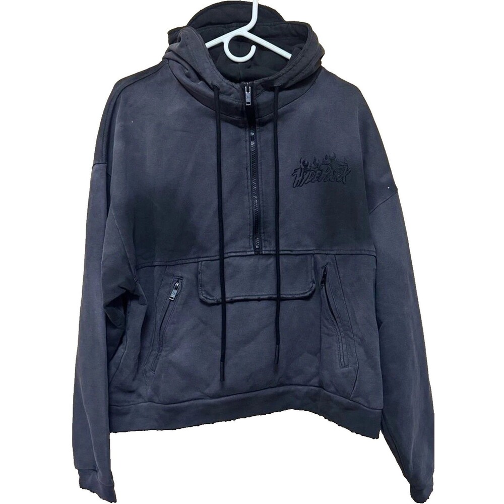 Hyde Park Cropped Hoodie Men’s L Black Aged Wash Embroidered Streetwear BNWT